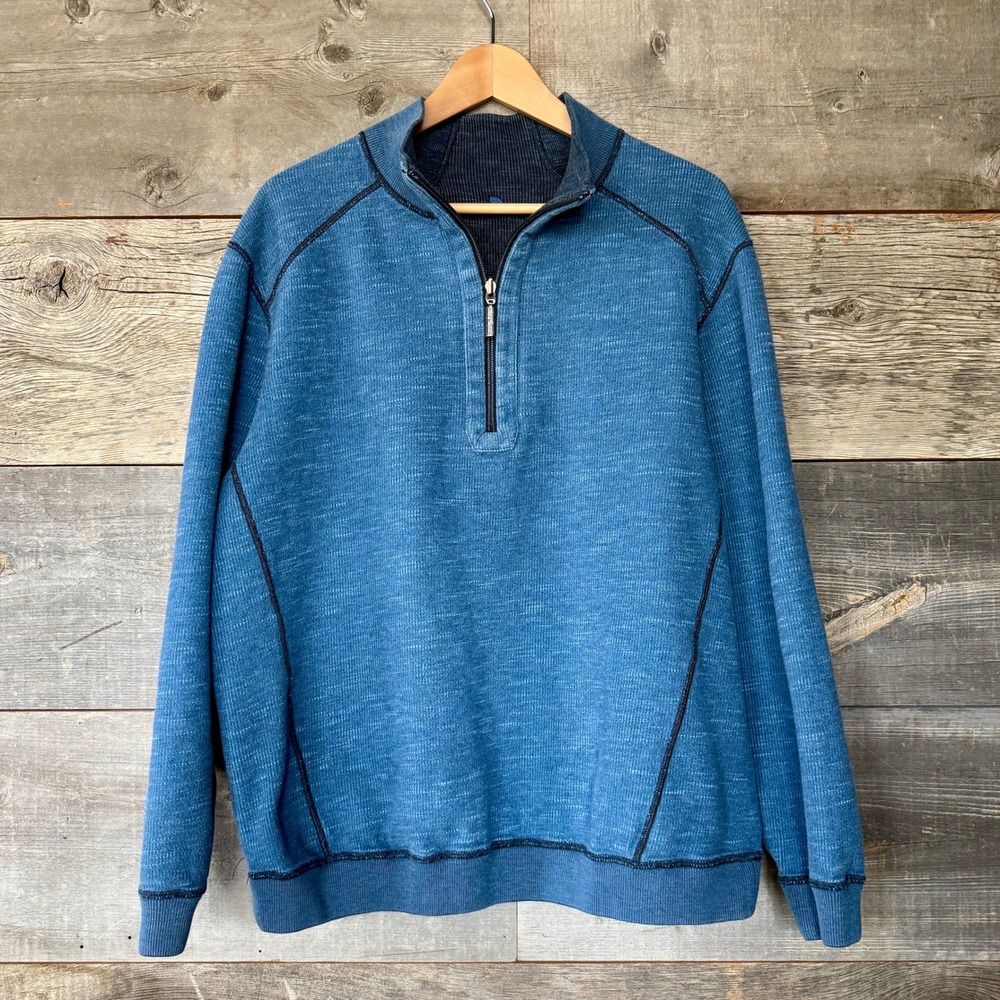 Tommy Bahama Mens Reversible 1/4 Zip Pullover Sweater L/XL Blue Navy Coastal